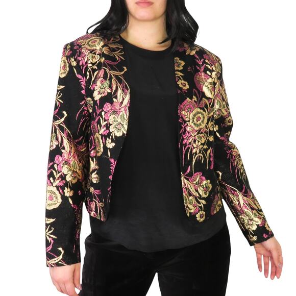 Ellen D 1980s Vintage Pink & Gold Floral Metallic Blazer Jacket Medium - Picture 3 of 4